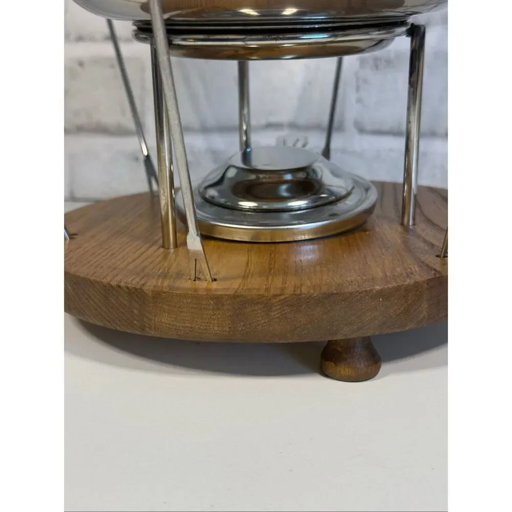 Vintage MCM Fondue Set 18/8 Stainless Steel Wood Mint Condition